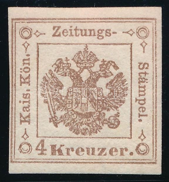 Newspaper duty stamp 4kr dark brown, Type I. Certificate: Strakosch, Hírlapilleték 4kr sötétbarna, I. típus Certificate: Strakosch