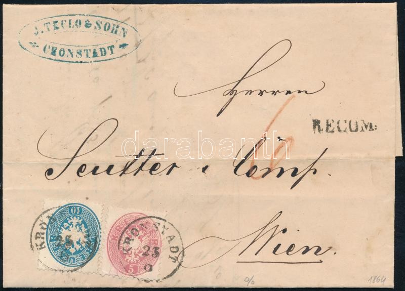 Mixed franking, 1863 10kr and 1864 5kr on registered cover + 1863 10kr teared on the backside 