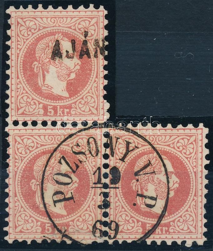 5kr block of 3 "POZSONY V.P." + "AJÁN(LOTT)" (repaired), 5kr hármastömb "POZSONY V.P." + "AJÁN(LOTT)"  (a bal alsó bélyegen visszaillesztetett szakadás)