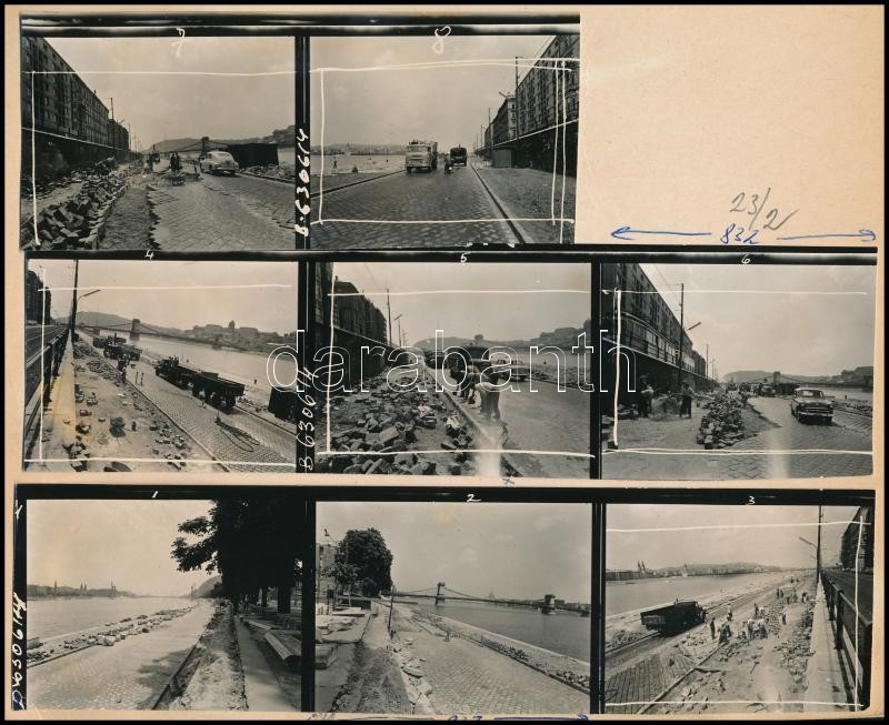 1963. június 14. Budapest, a Duna alsó rakpartját szélesítik, 8 db vintage fotó Bojár Sándor budapesti fotóriporter hagyatékából, 6x6 cm