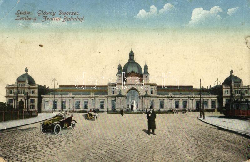 1917 Lviv, Lwów, Lemberg; Glówny Dworzec / Zentral Bahnhof / railway station, automobiles, tram + 