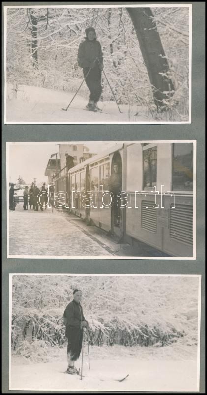 cca 1930 Buda, a fogaskerekű vasút Széchenyi-hegyi végállomásán, 6 db vintage fotó, két kartonlapra felragasztva, 8x13 cm