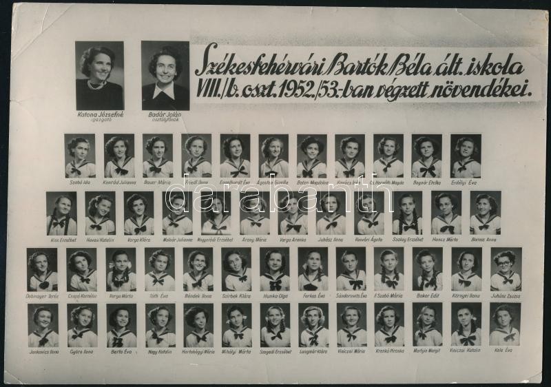1953 Székesfehérvár, a Bartók Béla Ált. Iskola végzett növendékei, kistabló nevesített portrékkal, felületén törés nyomokkal, 17x23,7 cm