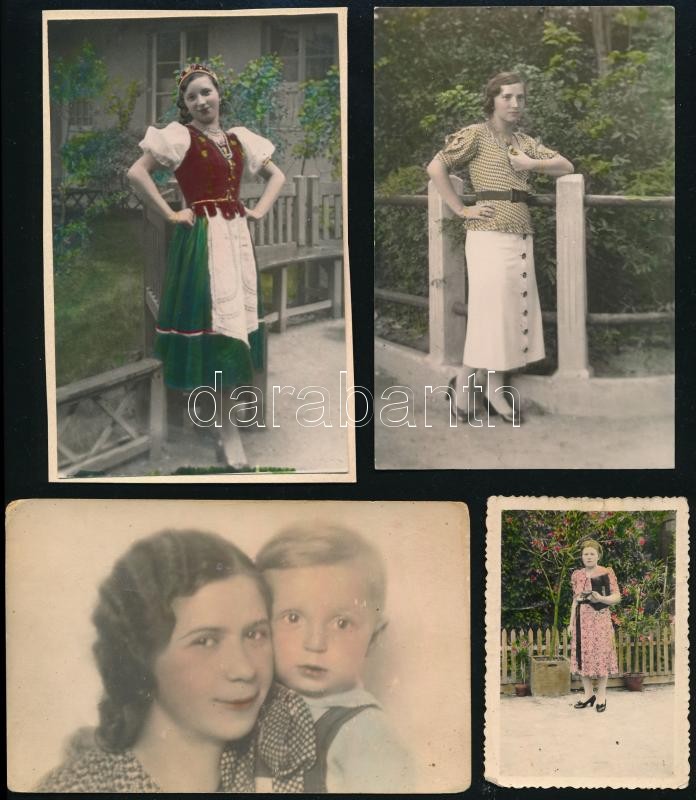 cca 1940 előtt készült, kézzel színezett fényképek, 4 db vintage fotó, 9x6 cm és 14x9 cm