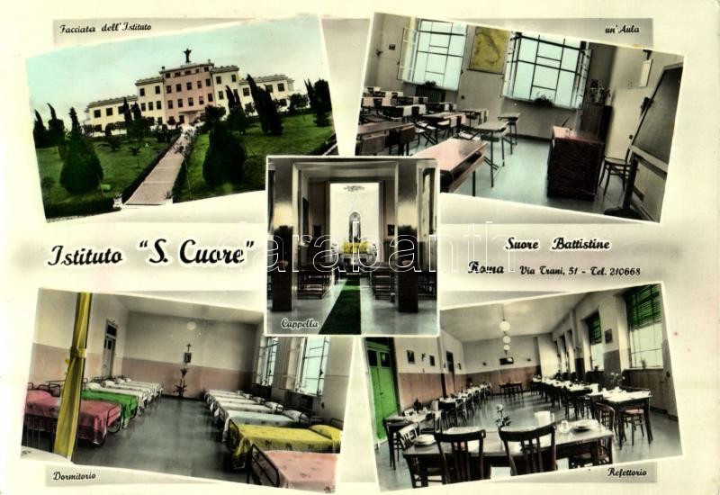 1963 Roma, Rome; Istituto "S. Cuore", Facciata dell'Istituto, un' Aula, Cappella, Dormitorio, Refettorio / boarding school, facade, classroom, chapel, dormitory, refectory (14,6 cm x 10,1 cm)