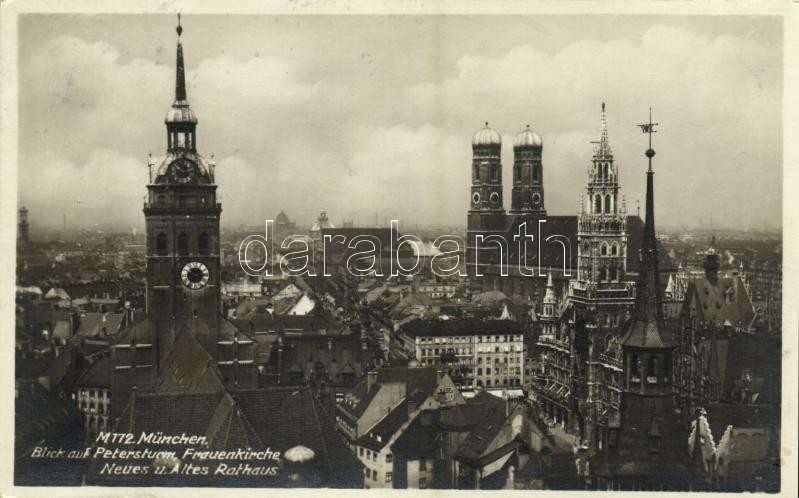 1932 München, Munich; Blick auf Petersturm, Frauenkirche, Neues u. Altes Rathaus / general view, tower, church, old and new town hall