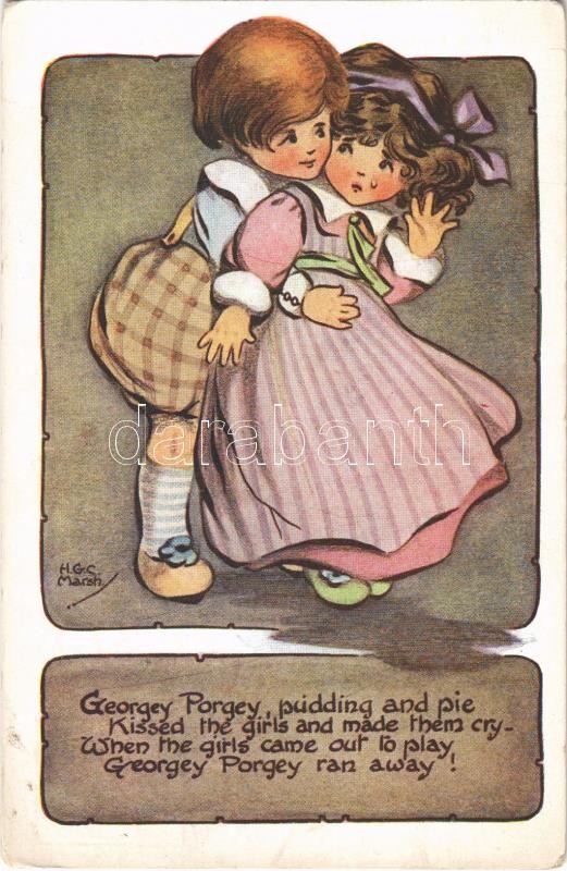 'Georgey Porgey, pudding and pie...', nursery rhyme, children, C. W. Faulkner &amp; Co. Series 1234. s: H. G. C. Marsh, Gyermek művészlap. C. W. Faulkner &amp; Co. Series 1234. s: H. G. C. Marsh