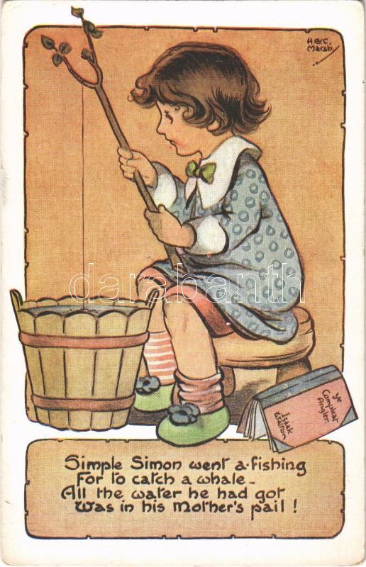 'Simple Simon went a-fishing...', nursery rhyme, humour, C. W. Faulkner &amp; Co. Series 1234. s: H. G. C. Marsh, Horgászó kislány, humoros gyermek művészlap. C. W. Faulkner &amp; Co. Series 1234. s: H. G. C. Marsh (EK)