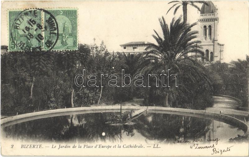 1910 Bizerte, Le Jardin de la Place d'Europe et la Cathédrale / garden, church. TCV card