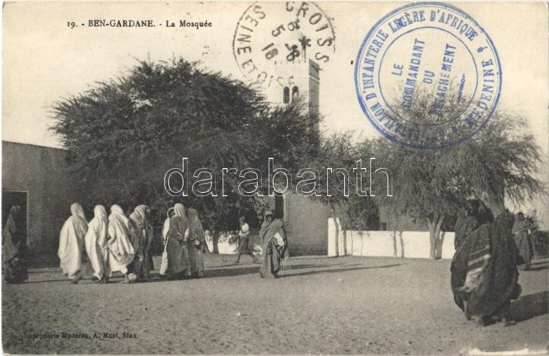 1916 Ben Gardane, La Mosquée / mosque + Bataillon d'Infanterie Legere d'Afrique Medenine, Le Commandant du Detachement cancellation