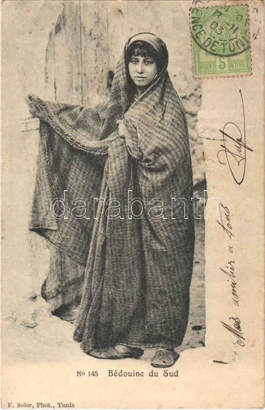 Beduin nő, tunéziai folklór. TCV card, 1903 Bédouine du Sud / Bedouin woman, Tunisian folklore. TCV card