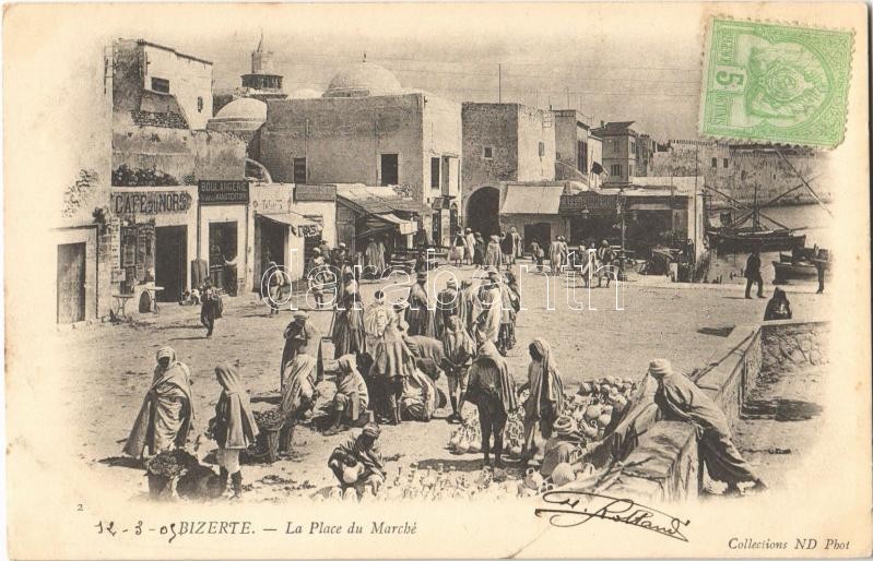 Bizerte, La Place du Marché, Café du Nord, Boulangerie de la Manutention, Boulangerie Centrale Leautier, Café du Commerce / market square, vendors, cafés, bakeries