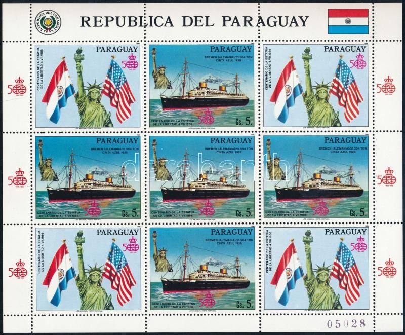 100 éves szabadság-szobor New Yorkban: hajók kisív, 100 years Statue of Liberty in New York: ships mini sheet