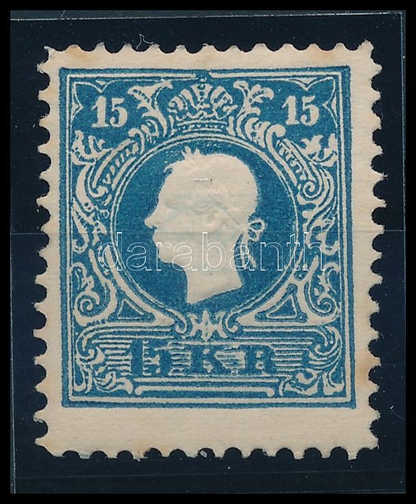 15kr Newprint of 1866 issue, bright blue, type II. Certificate: Strakosch, 15kr 1866-os újnyomata, élénk kék színű II. tipusú bélyeg Certificate: Strakosch
