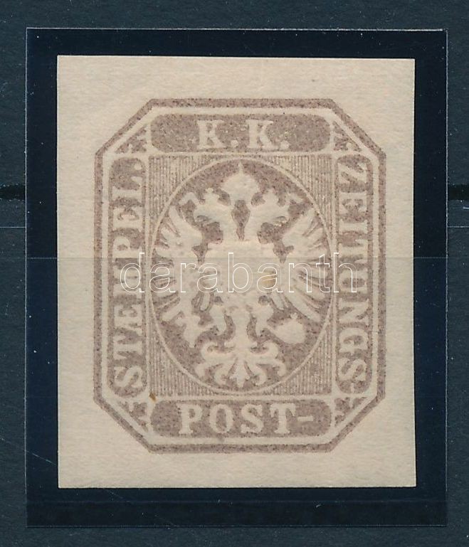 Hírlapbélyeg 1886-os lilásbarna újnyomata. Certificate: Strakosch, Newspaper stamp Certificate: Strakosch