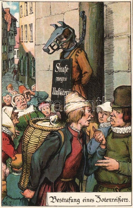 Bestrafung eines Zotenreissers / Punishment of an  obscene hooligan, Middle Ages, humour litho, Egy obszcén huligán büntetése a középkorban, humor litho
