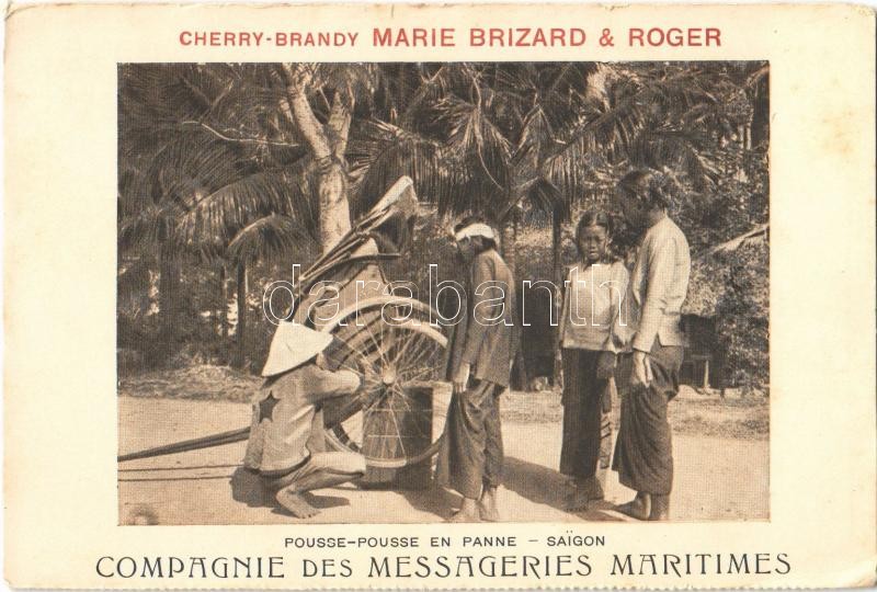 Saigon, Ho Chi Minh City; Pousse-Pousse en panne, Compagnie des Messageries Maritimes, Cherry-brandy Marie Brizard &amp; Roger / rickshaw is out of order, advertisement, from postcard booklet