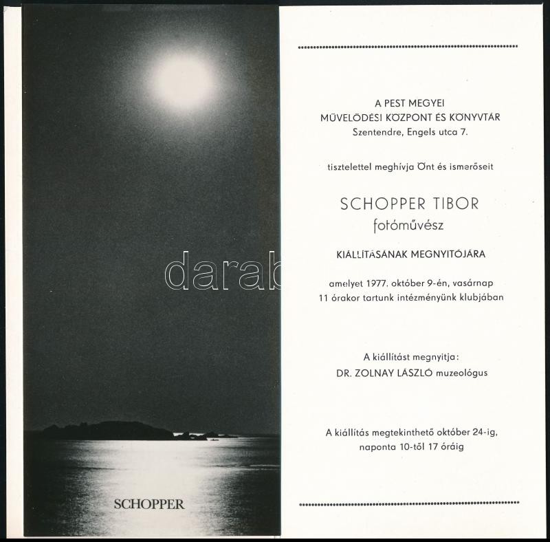 1977 Schopper Tibor fotóművész kiállítási meghívója, benne egy vintage fotóművészei alkotás, 19,5x9,5 cm