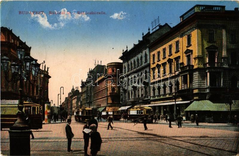 1915 Budapest VII. Rákóczi út, villamosok, Emke Kávéház