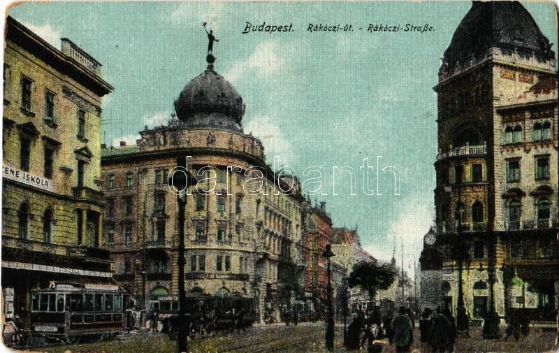 Budapest VIII. Rákóczi út, villamosok, Blaha Lujza tér, , Emke Kávéház, Pesti Hazai Első Takarékpénztár, zeneiskola