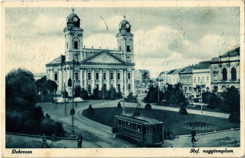 Debrecen, református nagytemplom, villamos