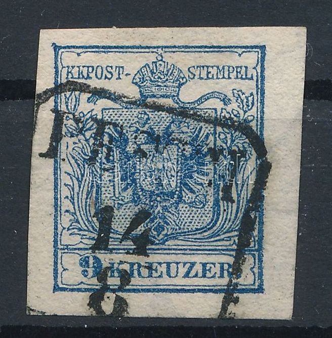 9kr HP IIIa metallic blue stamp with watermark, margin print  