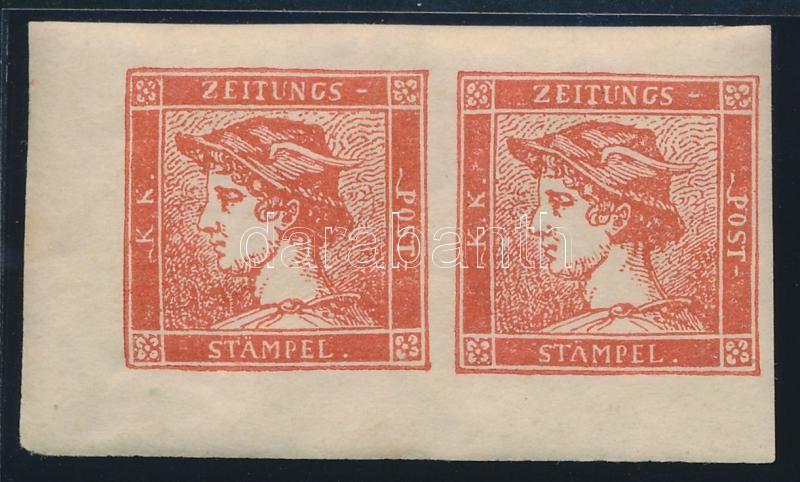 Newspaper stamp Reprint 1887, corner pair with original gum. Certificate: Strakosch, Hírlapbélyeg 6kr 1887-es újnyomata, ívsarki pár teljes gumival Certificate: Strakosch