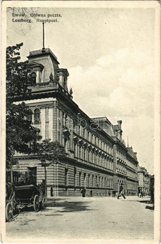 1915 Lviv, Lwów, Lemberg; Glówna poczta / Hauptpost / main post office + "M. kir. honvéd gyalogezred II. zászlóalj gazdasági hivatala"