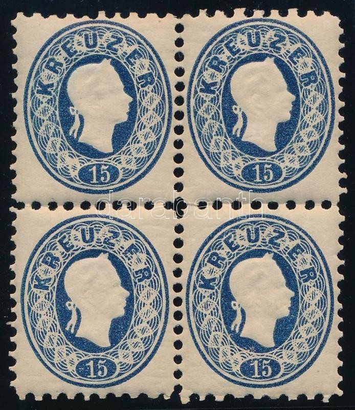 15kr 1870-es újnyomat négyestömb, a 2 alsó bélyeg postatiszta Certificate: Strakosch, 15kr reprint block of 4, 2 stamps mint never hinged. Certificate: Strakosch