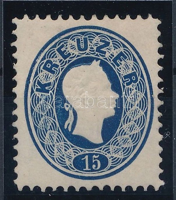 15kr reprint, deep blue. Certificate: Strakosch, 15kr 1866-os újnyomat sötétkék Certificate: Strakosch