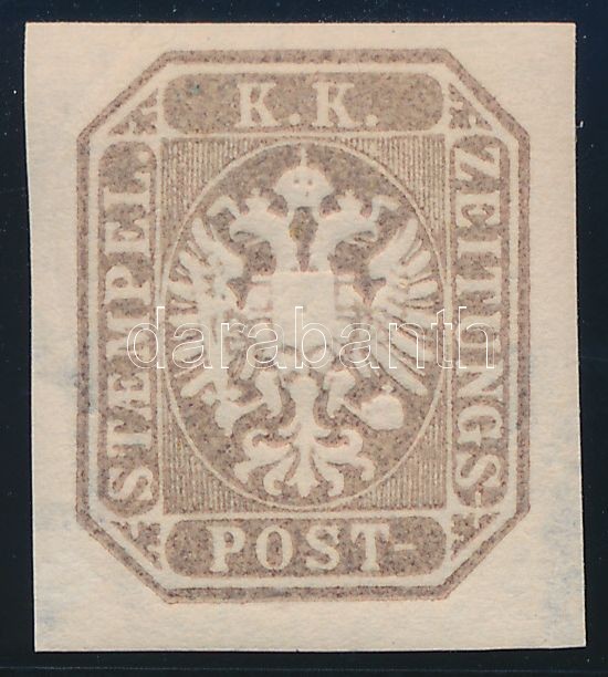 Lilac-brown reprint 1886, small watermark part. Certificate: Strakosch, Hírlapbélyeg lilásbarna újnyomata 1886, kis vízjelrészlettel Certificate: Strakosch