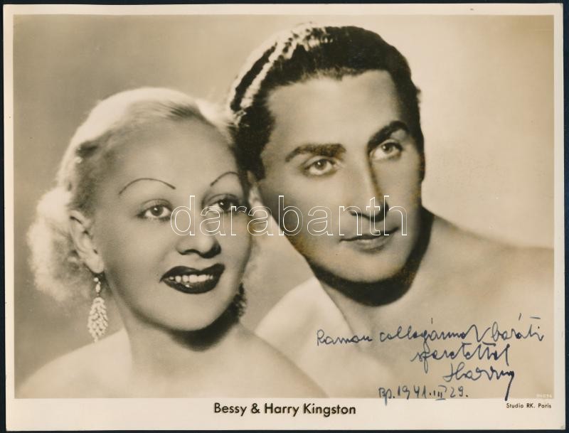 1941 Bessy és Harry Kingston közös fényképe, 1941-es dedikációval, mivel ez magyar nyelvű, vélhetően Kingston úr magyar származású színész, bár a film és színész adatbázisokból ez - a beadó számára - nem derült ki, 17,2x22,5 cm