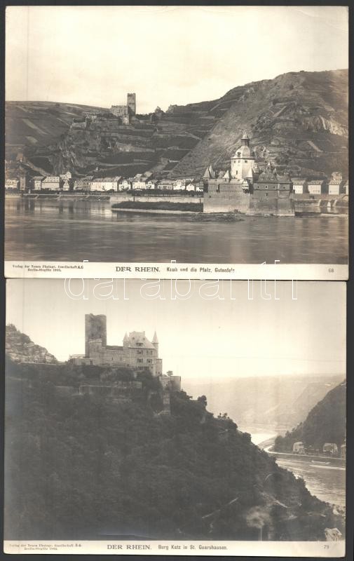 1903 Rhein-Ansichten, Steiglitz berlini fényképész 10 db vintage fotója, feliratozva, az egyik kép szélén szakadás, hozzáadva a szintén sérült tároló tasakot, 19x24,2 cm