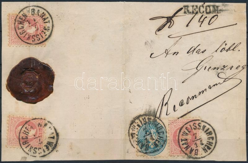 1867 november 7. VEGYES BÉRMENTESÍTÉS: 1864 10kr + 1867 3 x 5kr túlsúlyos ajánlott levél felén (fél levél elő- és hátlapja) 