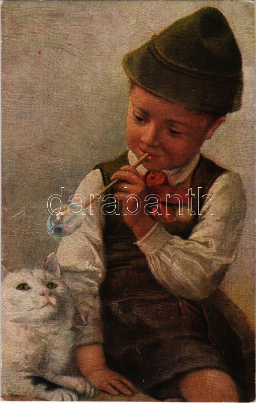 Boy with cat. Children art postcard. A.R. & C.i.B. No. 1131/3., Bubi , gyerek macskával, A.R. & C.i.B. No. 1131/3.