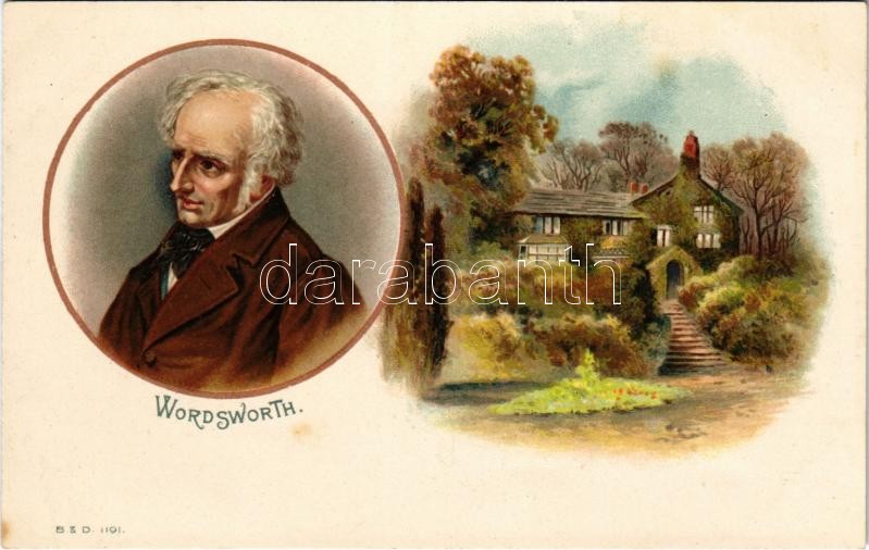 William Wordsworth, Angol romantikus költő, Dove Cottage. B. & D. 1191. litho, William Wordsworth, English Romantic poet, Dove Cottage. B. & D. 1191. litho