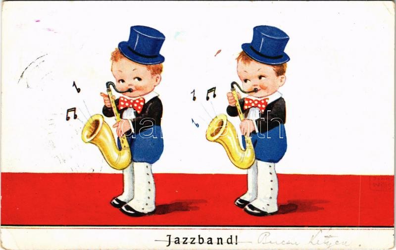 1937 Jazz band! Children humour art postcard, saxophone. W.S.S.B. 7070/1. s: John Wills, 1937 Jazz Banda! Humoros gyerek képselap. W.S.S.B. 7070/1. s: John Wills