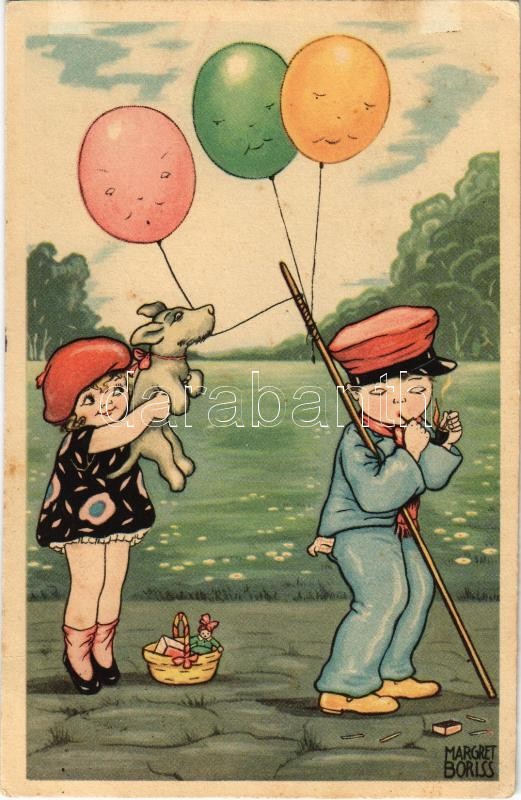 1932 Children with dog and balloons, boy smoking a pipe. Children humour art postcard. Amag 0337. s: Margret Boriss, 1932 Gyerekek kutyával és lufikkal, humoros képeslap. Amag 0337. s: Margret Boriss