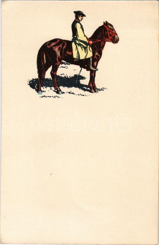 Hungarian folklore art postcard, horse herdsman, Magyar folklór művészlap, Hortobágyi csikós. Rigler József Ede kiadása.