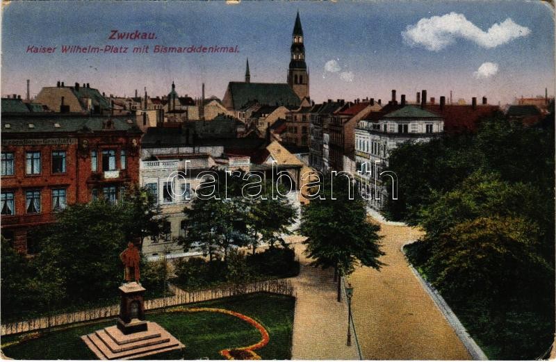 1925 Zwickau, Kaiser Wilhelm Platz mit Bismarckdenkmal / square, monument, church. Heliokolorkarte von Ottmar Zieher