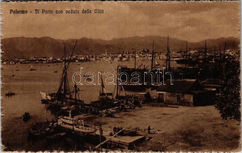 Palermo, Il Porto con venduta della Citta / port, sailing vessels, fishing boats