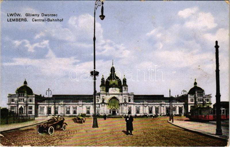 1916 Lviv, Lwów, Lemberg; Glówny Dworzec / Central Bahnhof / railway station, trams, automobile montage + 