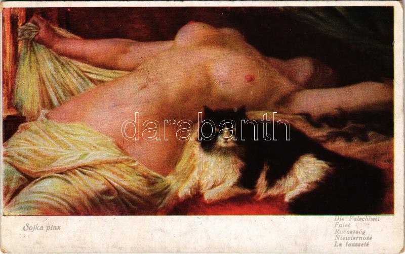 Die Falschheit / Ravaszság / La fausseté / Erotic nude lady art postcard. L. & P. 2649. s: Sojka, Ravaszság. Erotikus hölgy. L. & P. 2649. s: Sojka