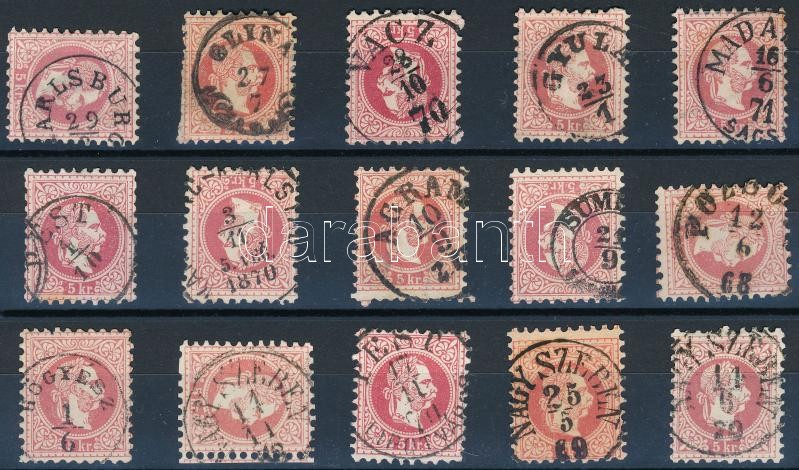 15 pcs 5kr stamps with nice cancellations, 15 db 5kr bélyeg szép / olvasható bélyegzésekkel
