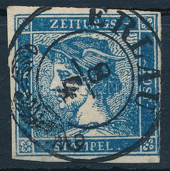 Hírlapbélyeg IIc tipus, sötétkék, ERLAU Certificate: Steiner, Newspaper stamp type IIc deep blue, ERLAU Certificate: Steiner