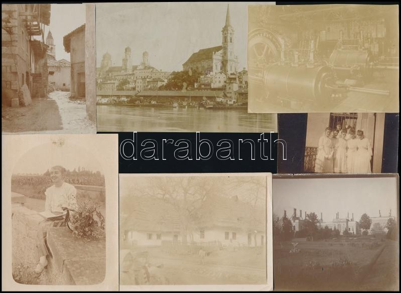 cca 1910 Eltérő helyszíneken és különböző időpontokban készült, vegyes fényképek tétele, 13 db vintage fotó különféle témákról, 12x17 cm és 6x9 cm között