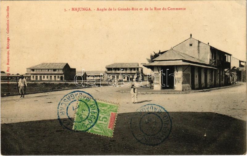 Mahajanga, Majunga; Angle de la Grande-Rue et de la Rue du Commerce / street view, Madagascar folklore, TCV card