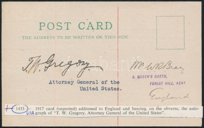 Thomas Watt Gregory (18611933) amerikai főügyész, politikus aláírása