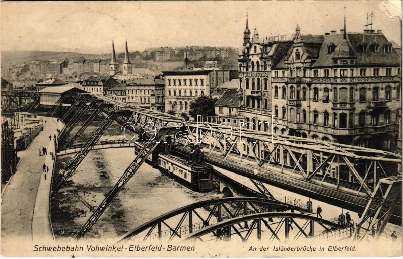 1910 Elberfeld, Schwebebahn Vohwinkel-Elberfeld-Barmen, An der Isländerbrucke in Elberfeld / suspension railway over the canal. Mark Wipperling No. 318. + "HOLZMINDEN - AACHEN BAHNPOST ZUG 400"