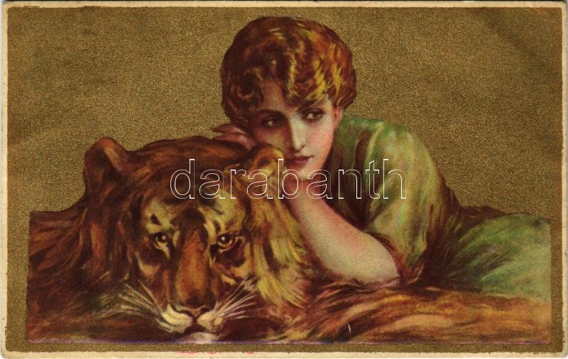 1922 Lady with tiger. Italian golden art postcard. Anna & Gasparini 101-1. unsigned Corbella, 1922 Hölgy tigrissel. Olasz művészi képeslap. Anna & Gasparini 101-1. jelöletlen Corbella